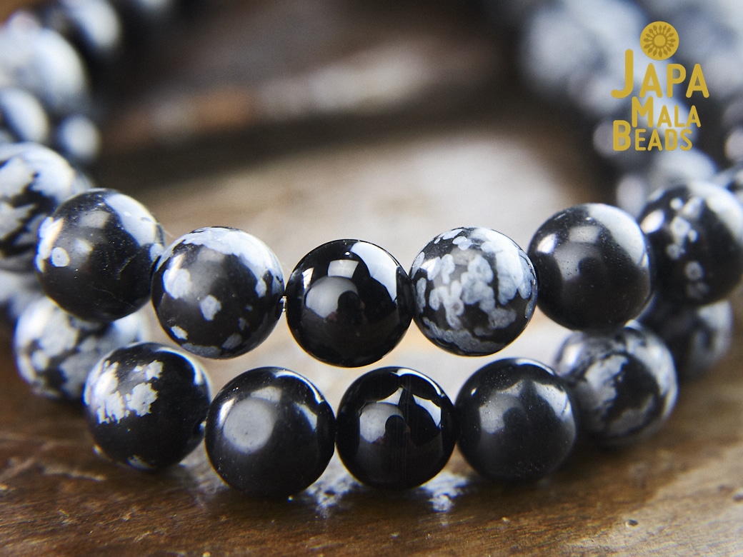 DazzleBlvd Matte Snowflake Obsidian Stone Mala Beaded Stretch Bracelets with Tassel for Man Women 