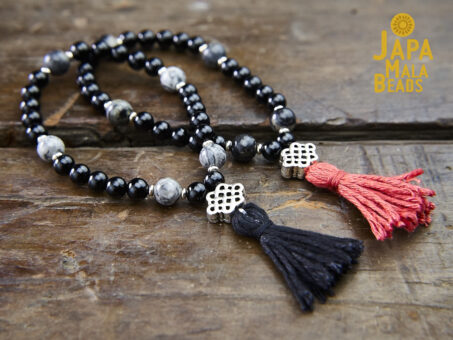 Black Tourmaline and Silver Leaf Jasper Mala
