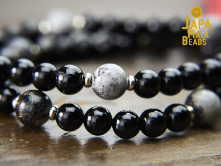 Black Tourmaline and Silver Leaf Jasper Mala