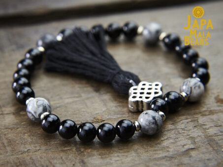 Black Tourmaline and Silver Leaf Jasper Mala