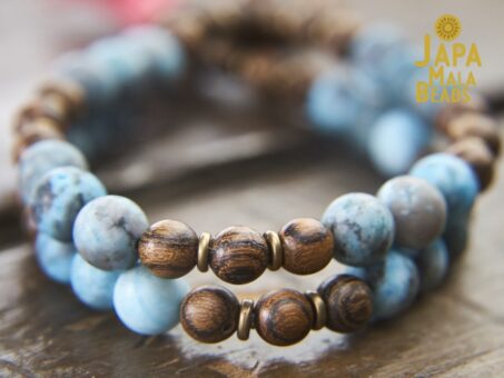 Matte Blue Zebra Jasper and Tigerskin Sandalwood Wrist Mala