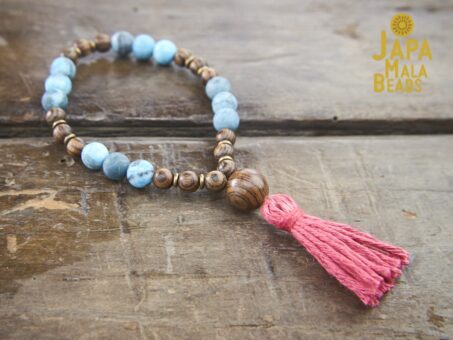 Matte Blue Zebra Jasper and Tigerskin Sandalwood Wrist Mala
