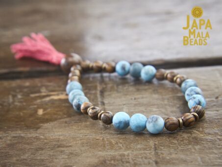 Matte Blue Zebra Jasper and Tigerskin Sandalwood Wrist Mala