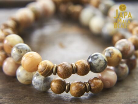 Crazy Lace Agate and Golden Sandalwood Mala Beads