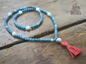 Blue Howlite and Sodalite Gemstone,Orange Tassel Healing Mala Beads,Special Gift for those you love White Turquoise Buddha Bead Necklace