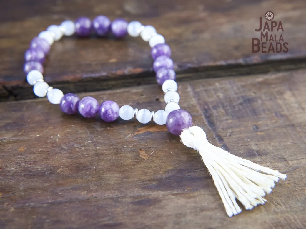 Purple Lepidolite and Cat's Eye Wrist Mala Purple Lepidolite and White Cat's Eye Wrist Mala