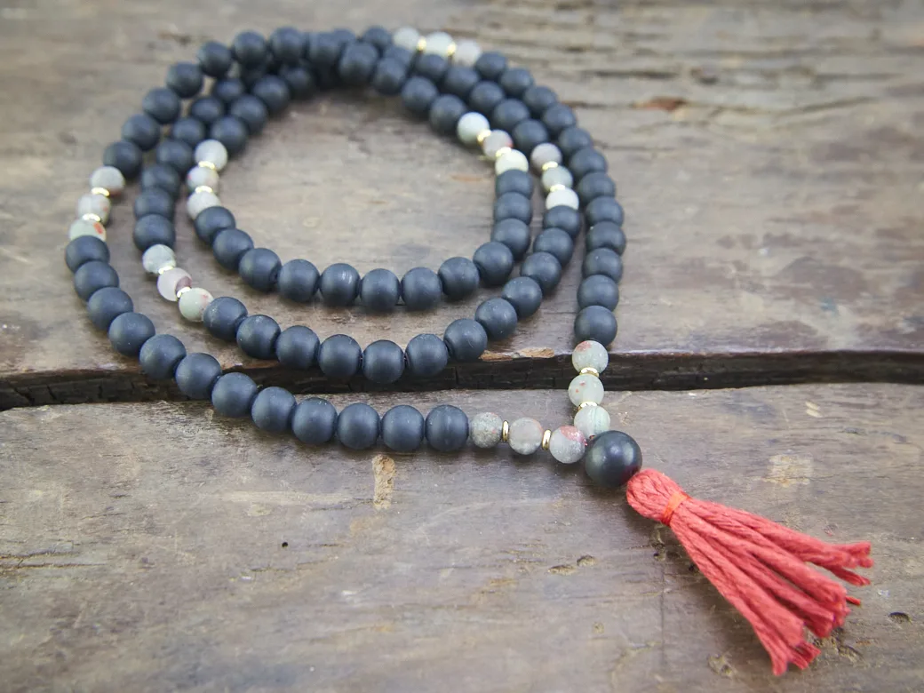 Black Obsidian and African Bloodstone Necklace Mala