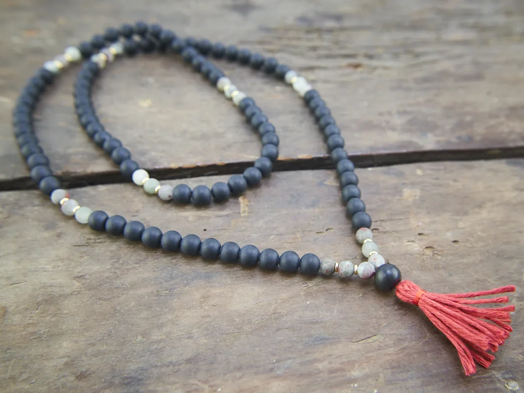 Black Obsidian and African Bloodstone Necklace Mala