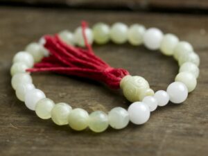 Carved Green and White Jade Mala